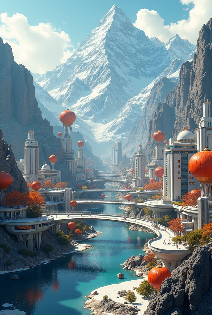 A city surrounded by mountains thrives architecturally and is abstract