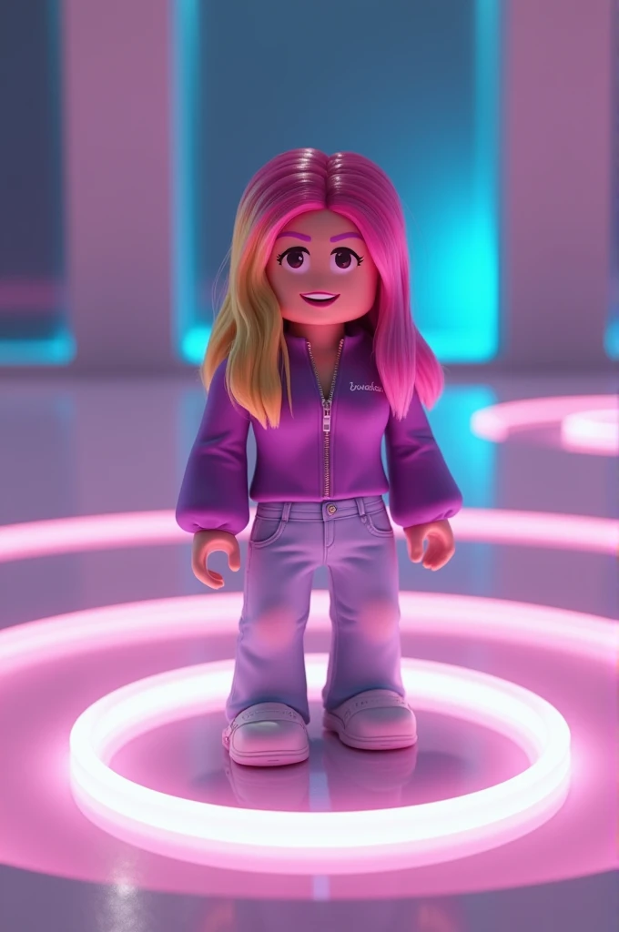 Create an image with a Roblox character with pink hair in the back and blonde in the front with a purple blouse and light jeans, this character is a , at the bottom there will be a circle on the floor like the game: don't leave the circle if you want to win