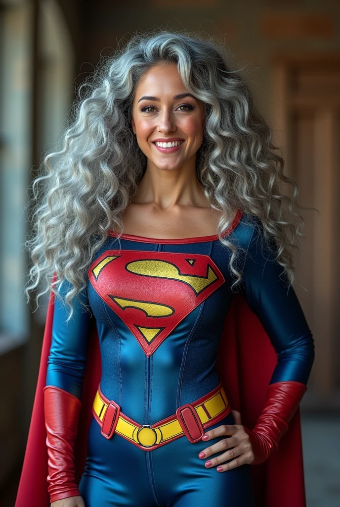 A beautiful youthful looking American version of Ariana Grande as a 50 years old woman with long her completely gray hair in a big curls styles as a retired American inspired superhero wearing her costume suit witch looks like a comic superhero suit again for a photoshoot she is smiling for the camera