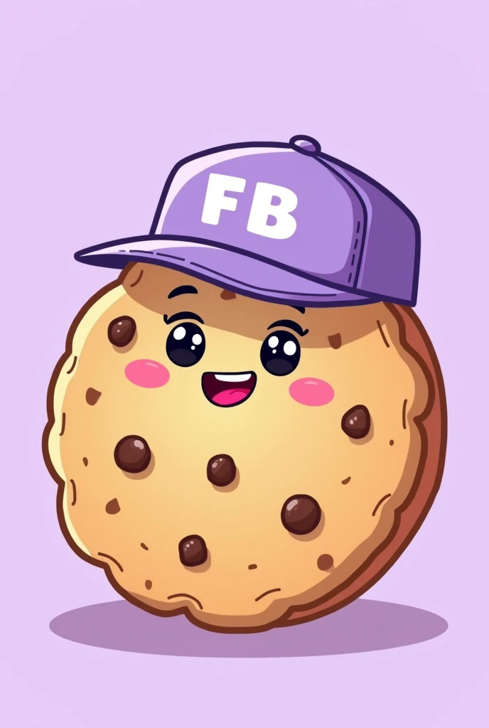 illustration type cookie that is happy, that has chocolate chips, that had a light purple cap and that says FB on the cap and that it is in capital letters and that the background is light purple 