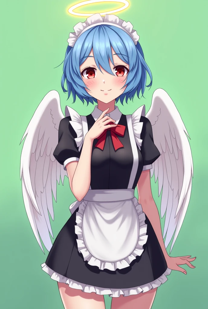 Maid cafe maid with short blue hair, Red eyes, a sensual and happy expression, age range between 18 and 26 years, with angel wings, black uniform without buttons, that the full body is shown, anime style completely in 2D, with pastel colors, with a completely flat and green background