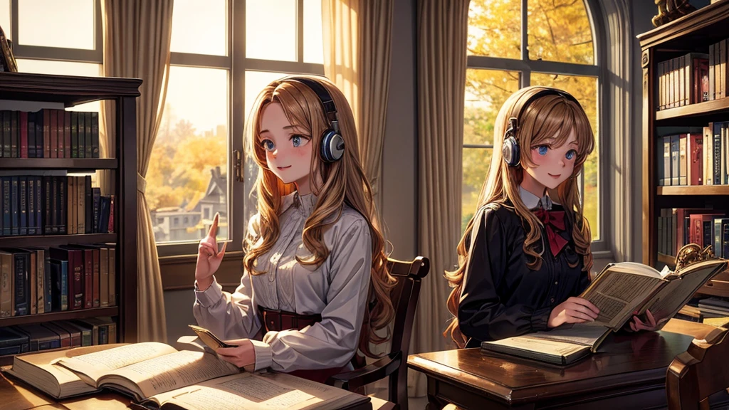 A 22 year old girl with long dark blonde hair. Studying together with her 12 year old sister with long dark red hair. In a library in his mansion. In the background there is an impeccable decoration worthy of an English mansion with various types of bookcases decorating it. Their outgoing smiles and radiant honey eyes reflect youthful joy. Her wavy hair cascades down to her waist, shining in the natural autumn light. Wearing casual chic clothes the girls are sitting at their desks. His eyes are bright, his lips parted revealing his surprise at the landscape of his immense house, personifying the innocence of his age. On their heads are two headphones filled with lights that reflect their lofi style of being.