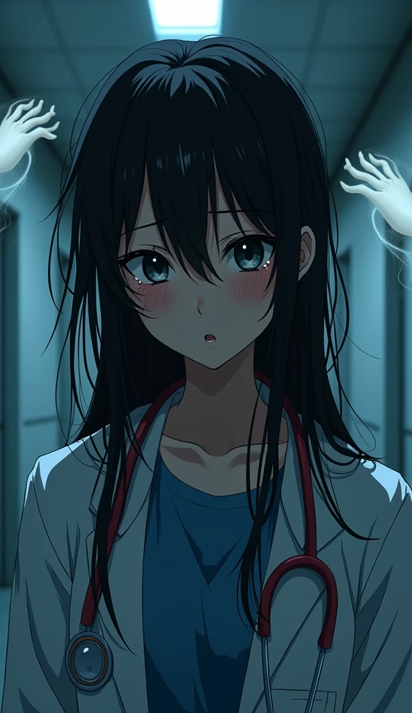 "Create a close-up anime-style image of a 24-year-old girl in a dimly lit hospital corridor. The scene captures her from the shoulders up, emphasizing her emotional state. She appears deeply distressed, with tears streaming down her cheeks and "faint traces of blood on her face", giving a sense of recent trauma. Her long hair, tangled and disheveled, falls around her shoulders, contrasting sharply with her otherwise pristine doctor’s outfit, which now appears slightly rumpled as if she’s been through a struggle.Her eyes are a deep, unsettling black, reflecting a profound sense of loss and internal conflict. The corridor around her is dimly lit with cold, bluish lighting that casts eerie shadows, heightening the sense of isolation and fear. Ghostly hands, pale and semi-transparent, emerge from the darkness in the background, reaching out towards her. They touch her face with a cold, unsettling touch, their fingers splayed in a way that amplifies her discomfort and terror. The overall red theme of the scene intensifies the emotional and physical anguish, as the hands seem to encroach upon her personal space, symbolizing the haunting aftermath of a violent event and the overwhelming nature of her trauma."