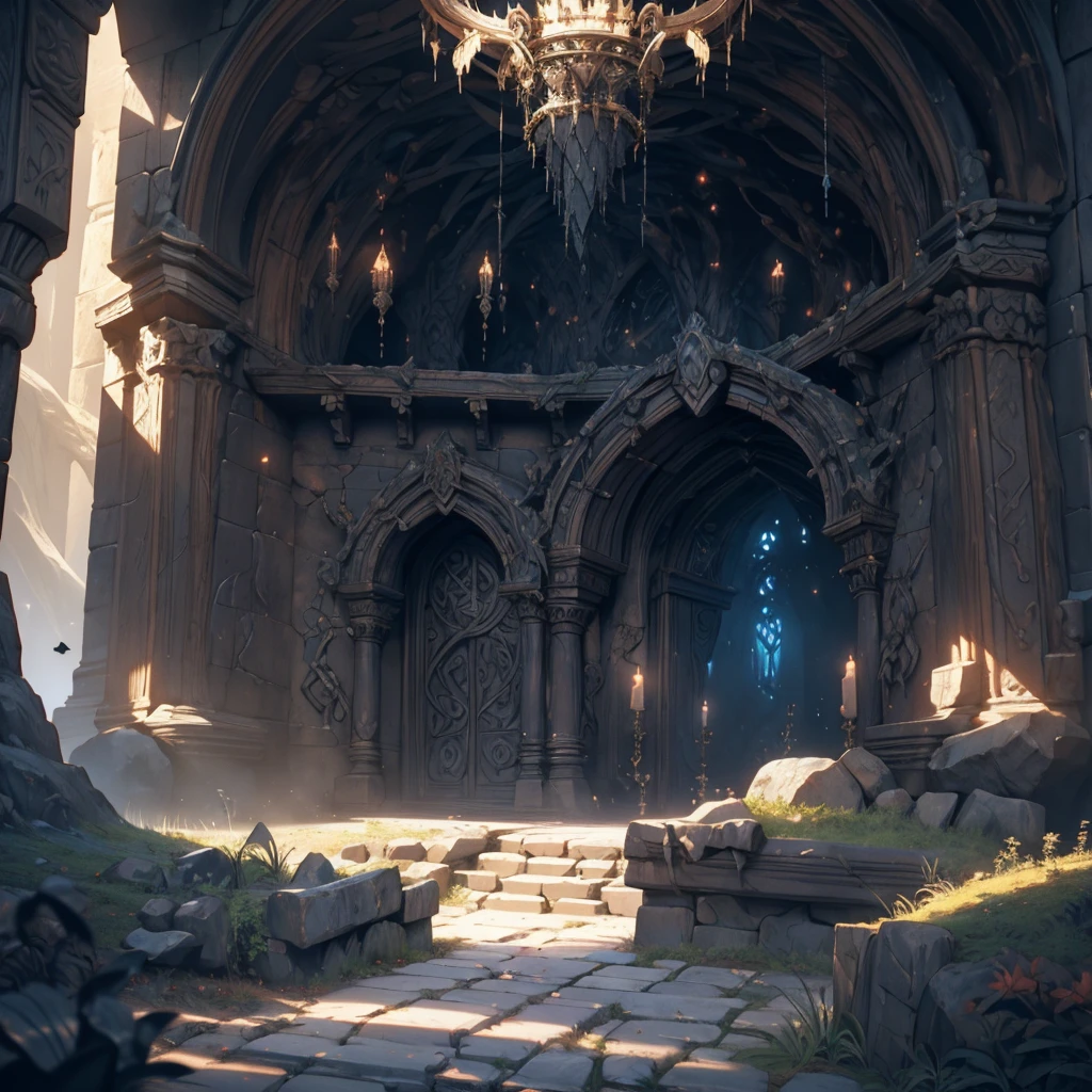A detailed matte painting of a majestic, ancient cave entrance engulfed in swirling black mist, reminiscent of a fantasy medieval setting, with intricate stone carvings, ominous shadows, and hints of glowing runes on the walls, perfectly balanced composition, high resolution, cinematic lighting --s 150 --ar 1:1 --c 5 --v 5.2