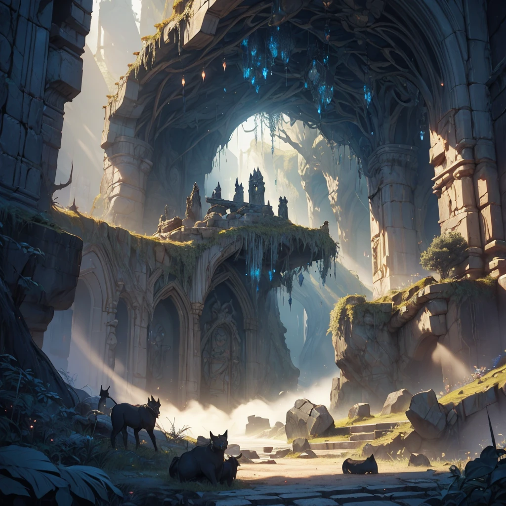 A detailed matte painting of a majestic, ancient cave entrance engulfed in swirling black mist, reminiscent of a fantasy medieval setting, with intricate stone carvings, ominous shadows, and hints of glowing runes on the walls, perfectly balanced composition, high resolution, cinematic lighting --s 150 --ar 1:1 --c 5 --v 5.2