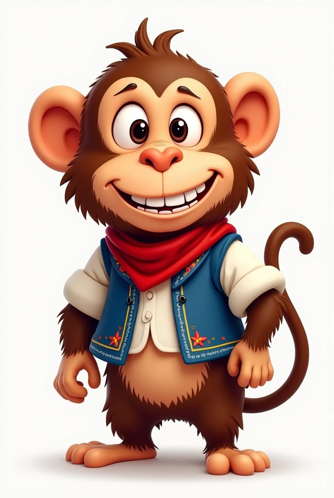 A brown monkey in classic cartoon mode dressed in a typical Chilean costume, white, blue and red 