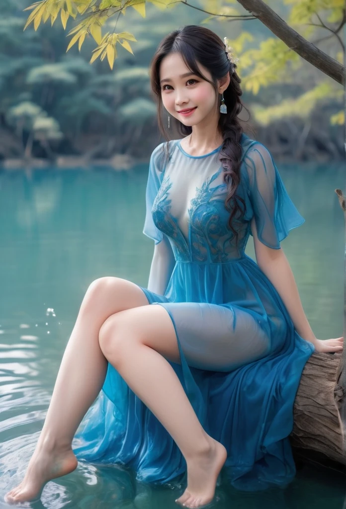 Sexy goddess emerges from the lake、Blue see-through dress、Sitting on a tree､Suspicious Smile、Sitting with legs spread