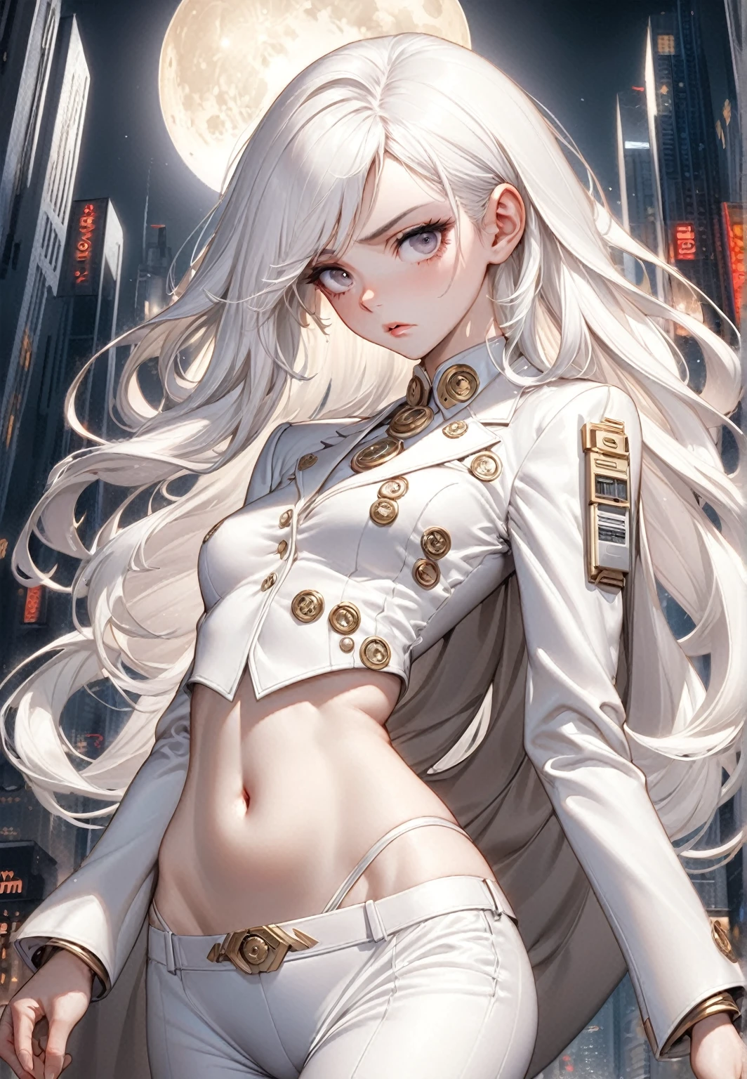 masterpiece, Highest quality, (alone focus), (Perfect Face:1.1), (Attention to detail:1.1),dramatic, 1 person, (Pale skin), Long white hair, White eyes, alone, Long Hair, moon, night, White luxury suit, Covered navel, Pouting, Covered, Future City, Detailed Background, art:artgerm と greg rutkowski, Cinema Lighting,
