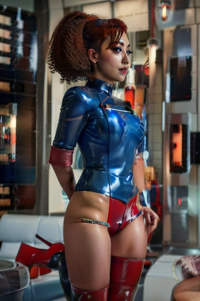 a Beauty Japanese woman in a detailed metallic blue bodysuit that shimmers under the neon lights starfleet uniform, highly detailed face, beautiful eyes, beautiful lips, long blood red eyelashes, medium length blood red hair, confident expression, standing in a futuristic sci-fi interior background with technology and lights, metallic boots, hyper realistic, 8k, ultra-detailed, photorealistic, cinematic lighting, vibrant colors
