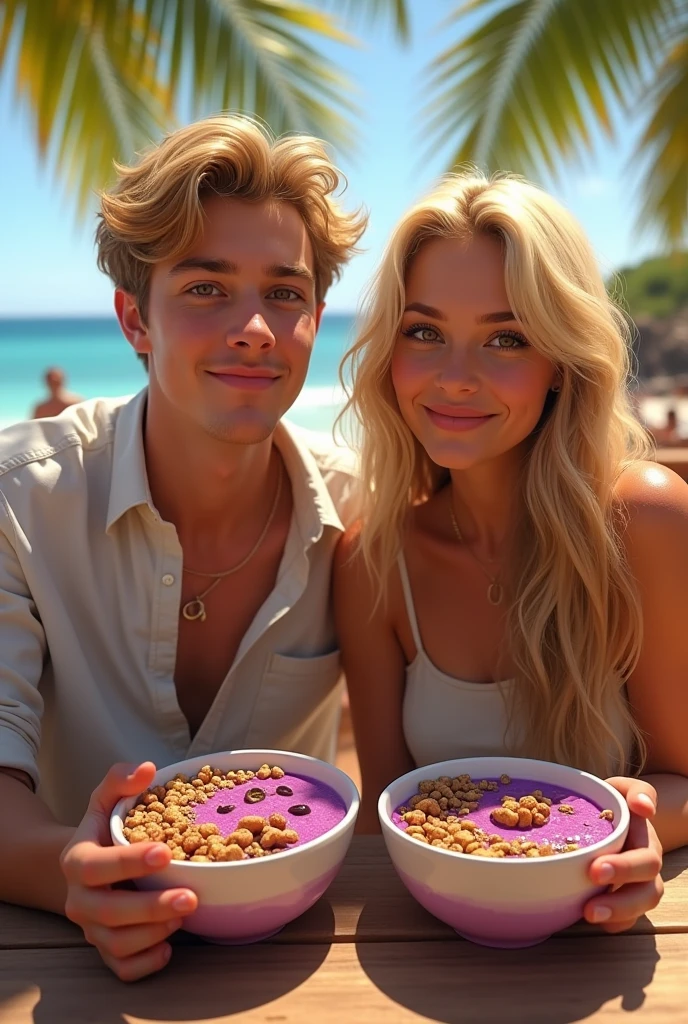 Realistic Man and Girlfriend 25-35 years old, in Maceió blonde hair brown eyes eating açaí in a bowl , with friends Ultra HD, high qualiy, best qualityer, high resolution, 8k, 16K