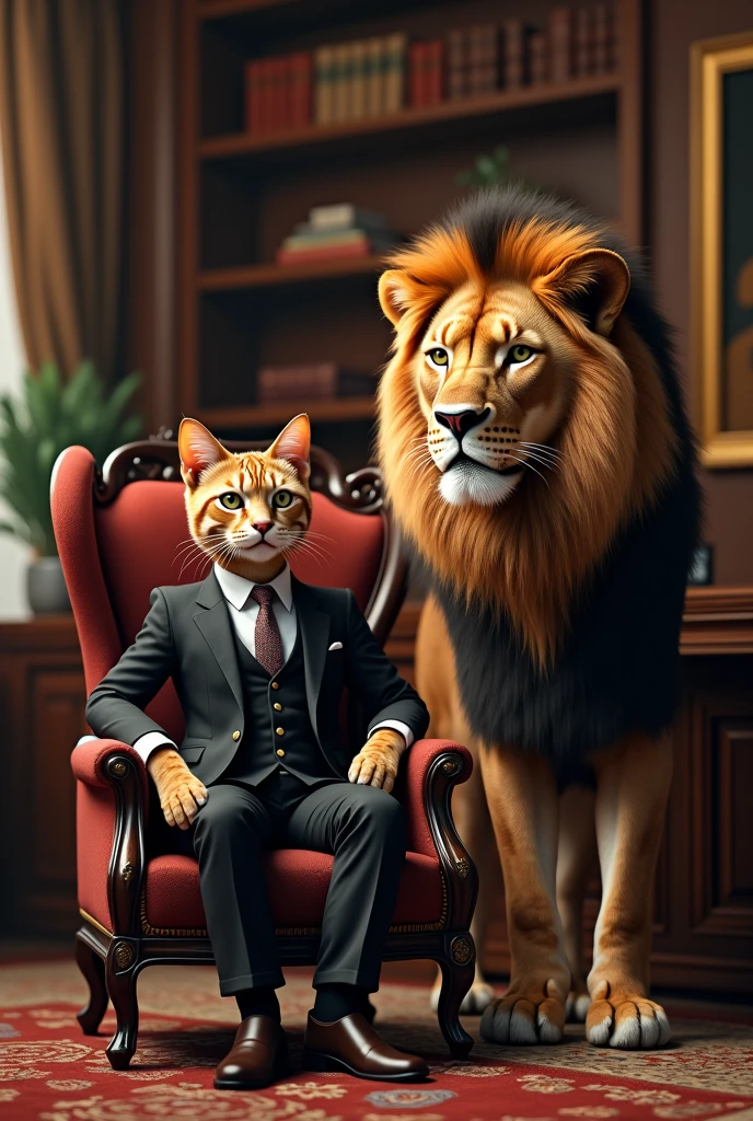 Very rich savannah cat wearing elegant suit sitting on a luxurious chair in his office and next to him is a realistic Atlas lion, real, high resolution detail, full picture as real life