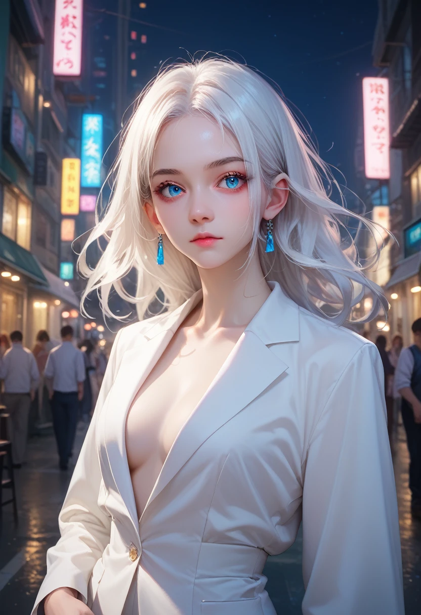 A woman with long white hair and blue eyes wearing a white suit turns her back in the middle of the city at night.