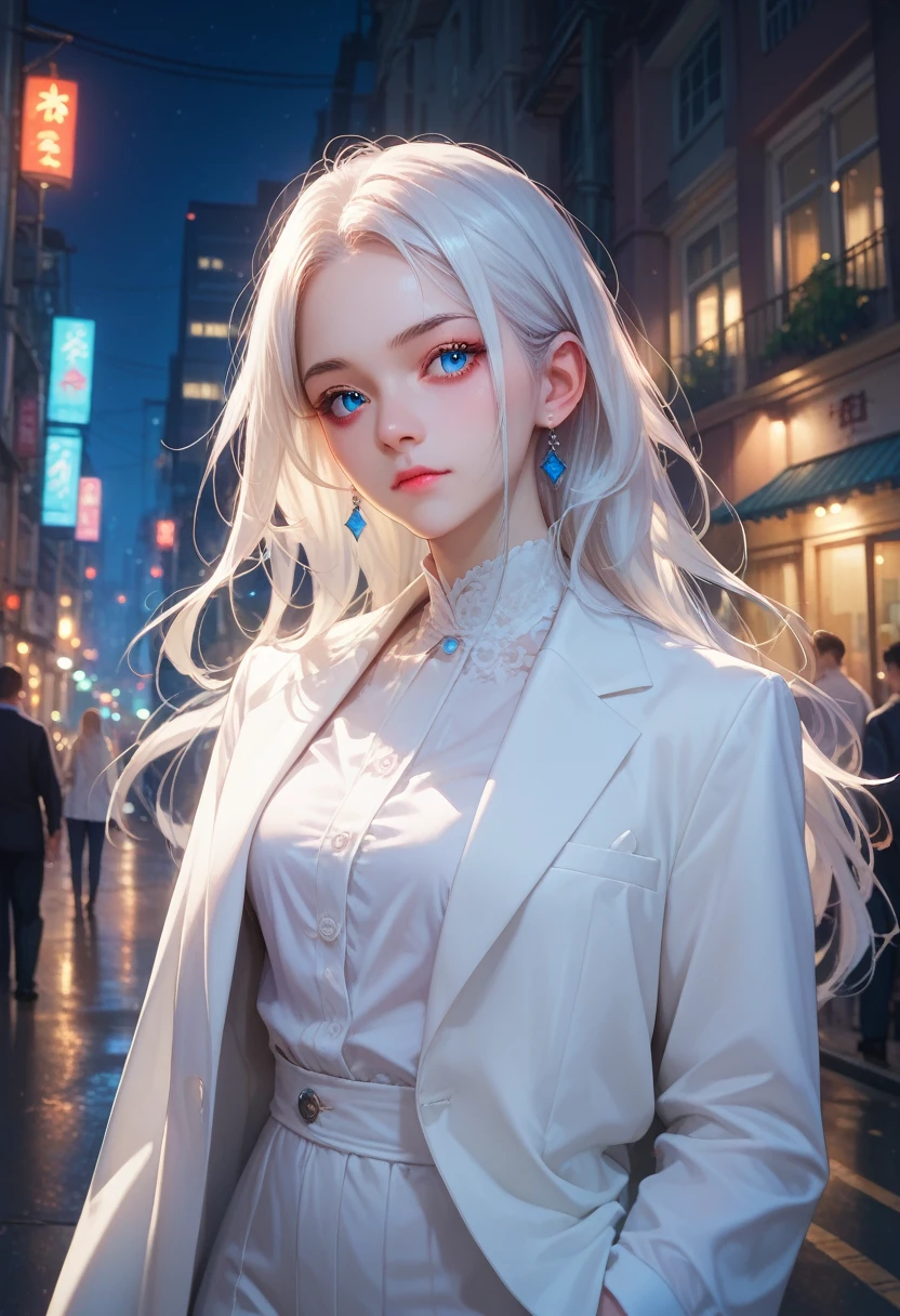 A woman with long white hair and blue eyes wearing a white suit turns her back in the middle of the city at night.