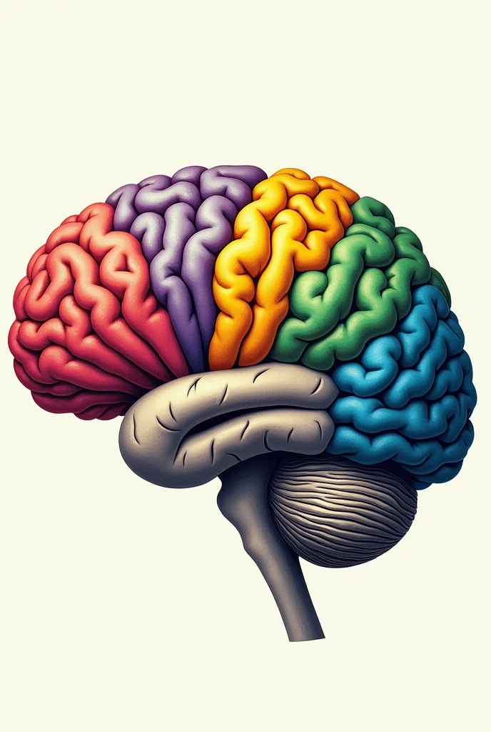 Create a brain with these instructions Cerebral Cortex: a colour (For example, gray) for the whole crust, or different colors for each lobe if you want to be more detailed:
Frontal Lobe: a colour específico (For example, blue)
Parietal lobe: Another color (For example, green)
Temporal lobe: Another color (For example, yellow)
Occipital lobe: Another color (For example, red)
cerebellum: a colour diferente (For example, Brown).
brain stem: Another color (For example, purple).
hypothalamus: a colour diferente (For example, orange).
Hippocampus: Another color (For example, rosado).
Amygdala: a colour distinto (For example, white).
Thalamus: Another color (For example, celeste).
Corpus Callosum: Another color (For example, negro).