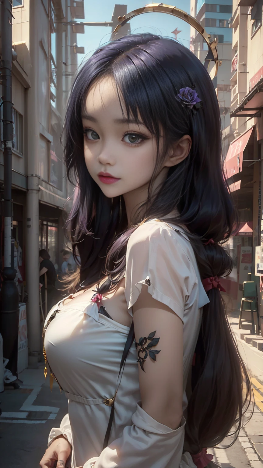 A Japanese woman walking in the city,Buildings,A plant,ssmile,Mixed Korean,The background is blurred out,focal,电影灯光,(((tmasterpiece))), ((best qualtiy)), ((Complex and detailed)), ((ultra-realistic realism)), Ridiculous resolution, A MILF, Mature woman, ssee-through, highly detailed, illustratio, 1girll, (huge tit), Thin waist and thick hips,long leges,beatiful detailed eyes, short detailed hair, brunette color hair, a purple eye, (Wedding dress:1.2), Lace,gossamer,(underdressing), pantiess, 耳Nipple Ring, (stocklings),high-heels, detailed back ground, perfect eyes, Seductive eye, looking at viewert, From the front,Wear light,