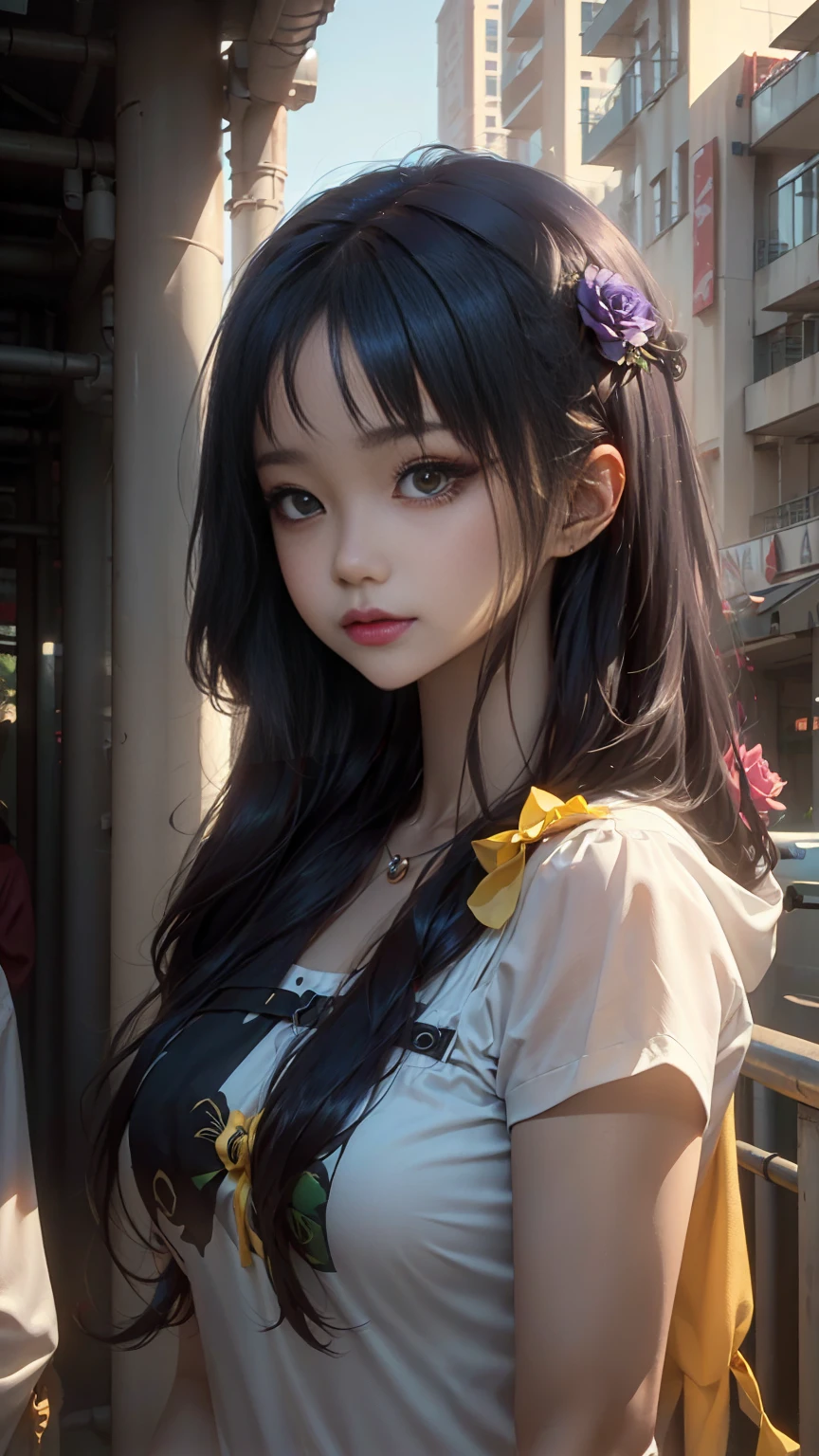 CG K Ultrarealistic ,((premium、8k、32K、masterpiece、NffSW:1.3)), (superfine illustration)、(super high resolution), (((adult body))), (masterpiece, Best Quality:1.2),a beautiful girl,Skin details processing.....,The eyes are finely described.....,delicate hair,long wavy hair,long light hair,She has a big bow on her head....,Modern clothing ,violet rose, yellow and green,clean background