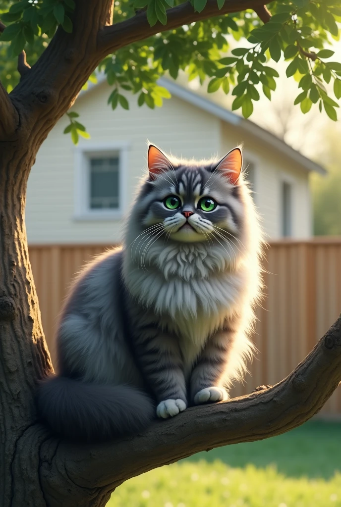 A Persian cat with long, silky fur, with a blue-gray tone, is sitting on a tree branch in the yard. The cat has big, round eyes, emerald green color, and a calm, observant expression. He's in a relaxed, with their little ears attentive to the sounds around them. The surrounding scenery is peaceful, with soft light filtering through the tree leaves. The tree is robust, with strong branches, and in the background, the cozy house and the wooden fence complete the environment.