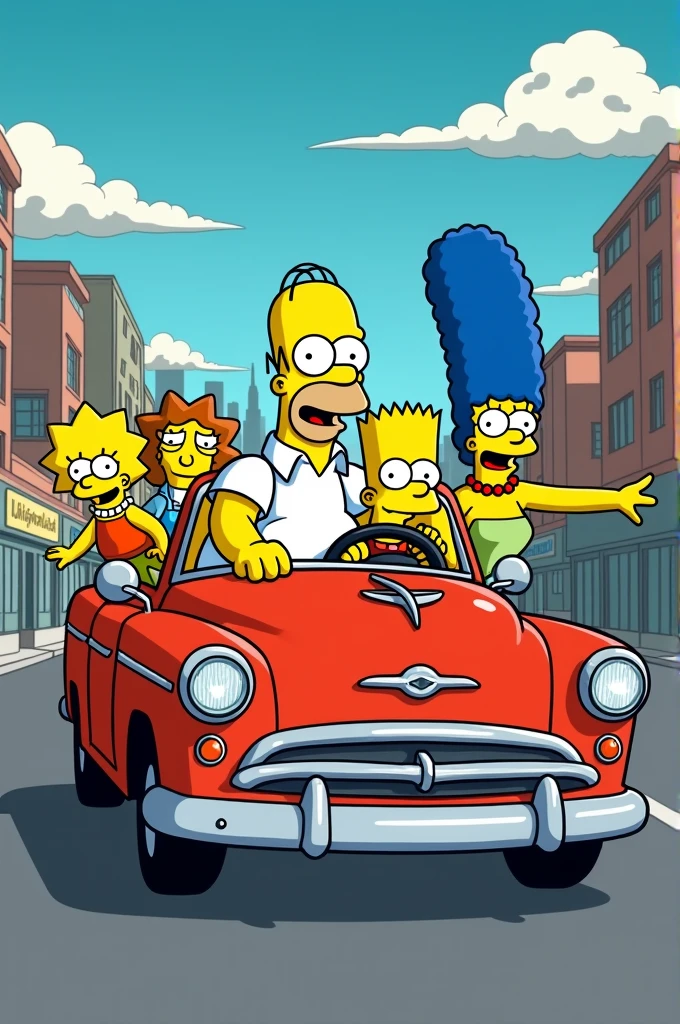 Generate an image where Homer Simpson is driving his car with Marge Lisa Bart Maggie Fry from Futurama Lela