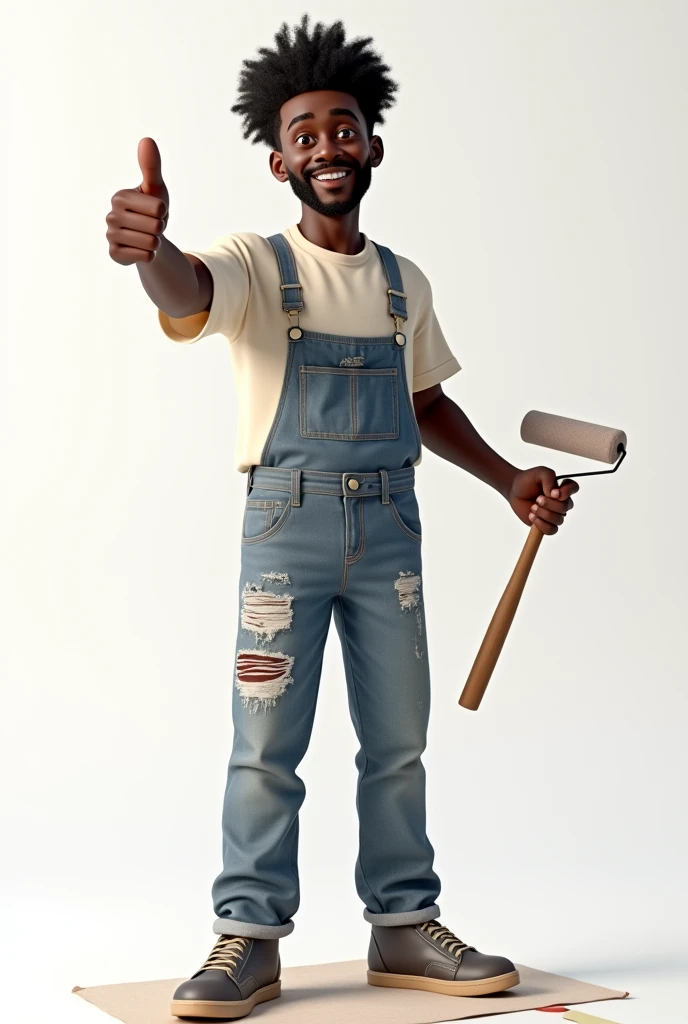 black painter, making thumbs up sign with hand and holding a paint roller on 3d white background