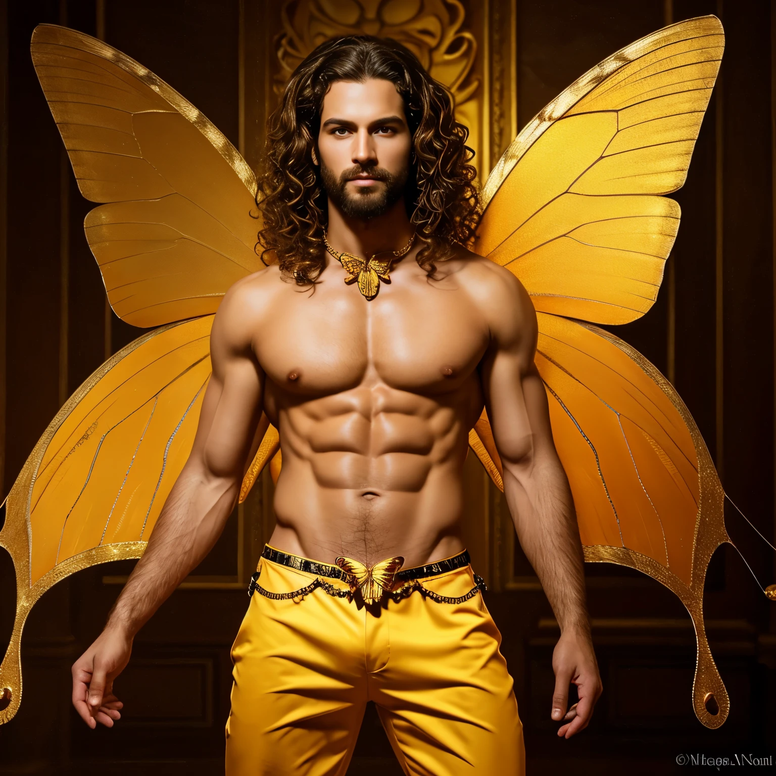 (8k,photorrealistic　RAW photograph　Maximum quality;1.4) (1  boy) Super handsome king of the underworld　(lifelike face) 　(far away, golden curly hair)　slender body full of hair, eyeballs, muscular guy　grandes eyeballs dourados　Aristocratic Golden Butterfly Outfit 　Golden butterfly decoration　Fangs peeking out of the mouth　Pointed claws　a seductive gaze　Beautiful expression　A hyper-realistic　(King of the Underworld)　appealing　(real looking skin)　super high resolution　high détail　Luxurious orange pants　Butterfly aura emanating from the body　effect　Golden Butterfly Wings