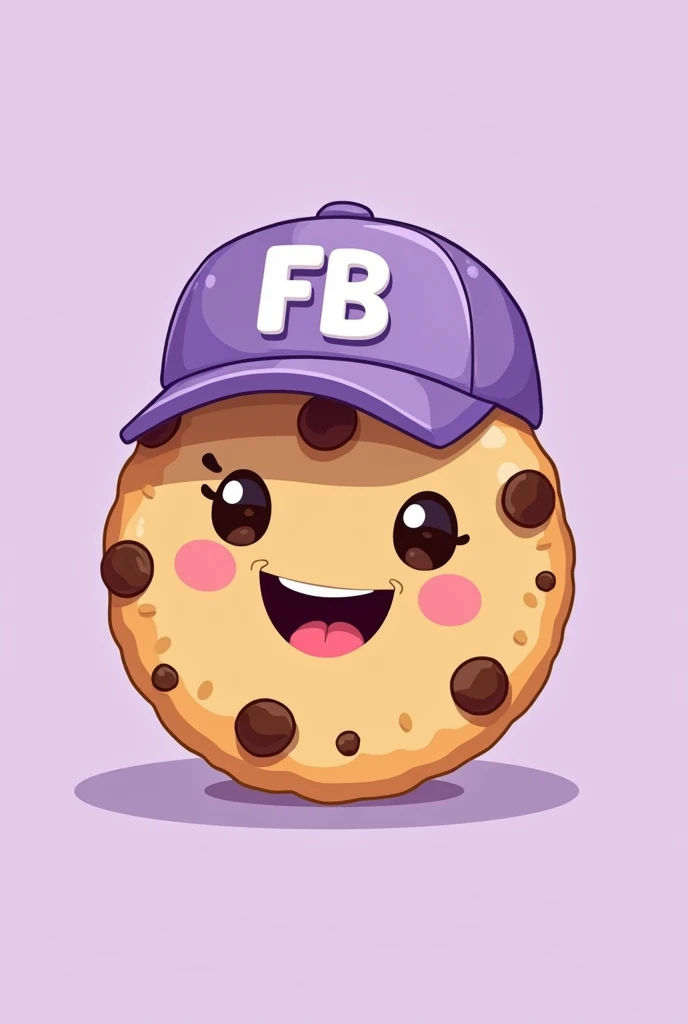 illustration type cookie that is happy, that has chocolate chips, that had a light purple cap and that says FB on the cap and that it is in capital letters and that the background is light purple 