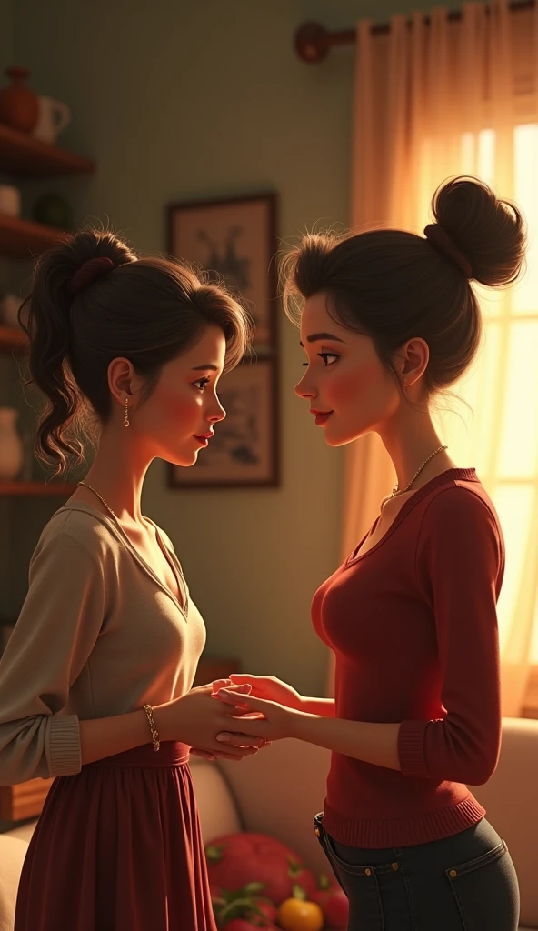 A georgous girl talking to a sad middle aged woman at home, pixar style, cinematic, masterpiece, high-aesthetic, realistic 