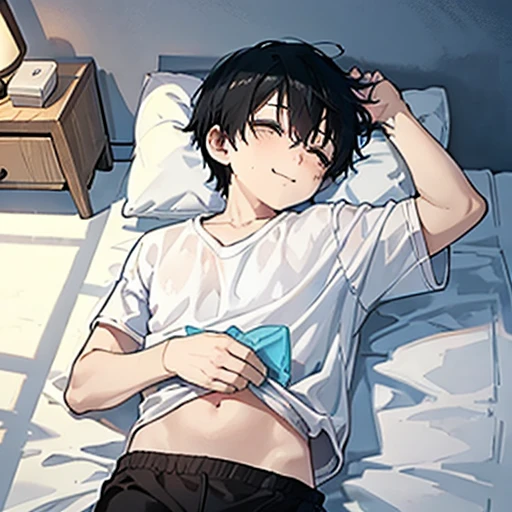 Watercolor, pale colour, 1 boy, he have a big teddy bear, Upper body shot only, Black short hair, Focus on the upper body, He is wearing a light blue shirt, Black shorts, He smiles gently., He is sleeping in bed., Bookshelf