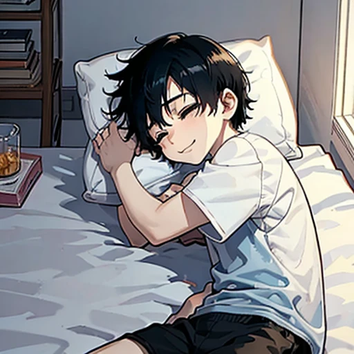 Watercolor, pale colour, 1 boy, he have a big teddy bear, Upper body shot only, Black short hair, Focus on the upper body, He is wearing a light blue shirt, Black shorts, He smiles gently., He is sleeping in bed., Bookshelf