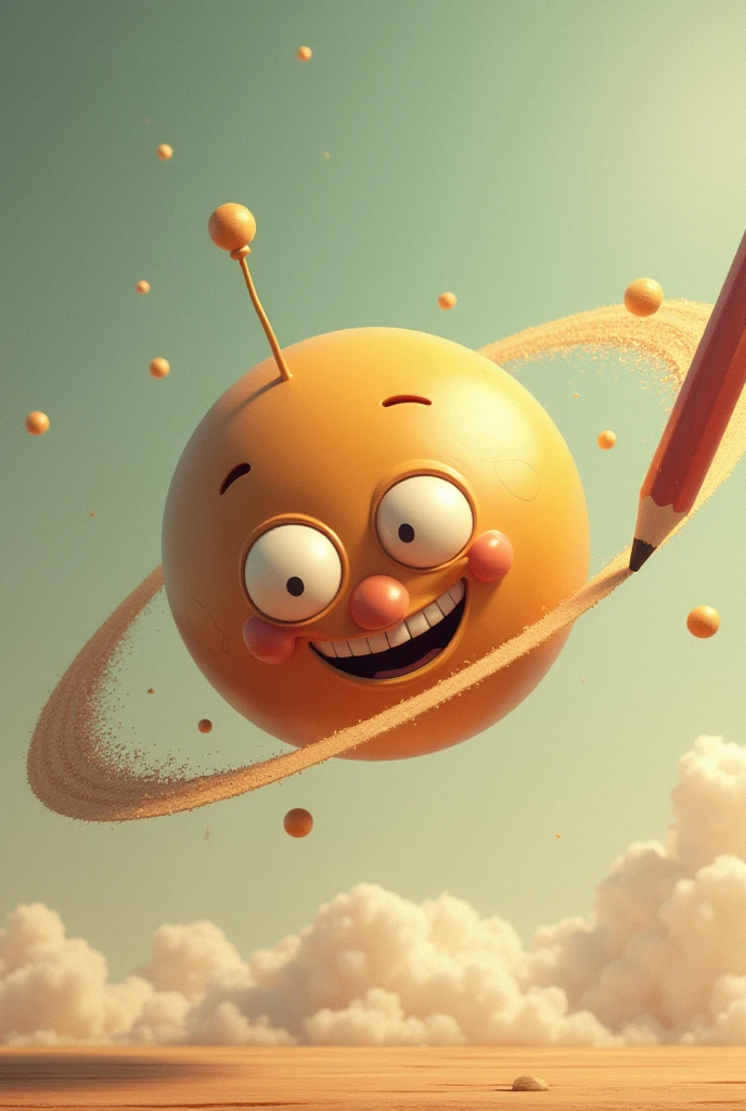 A cartoon-style planet with a smiley face reminiscent of 1930s illustrations. The planet has a friendly and vintage expression, with big bright eyes, and a smiling mouth. Around the planet, A giant pencil draws a line that circumscribes it, as if he were drawing a circle around himself. The scene has a retro style with soft colors and subtle shadows., evoking the aesthetics of classic 1930s animations.