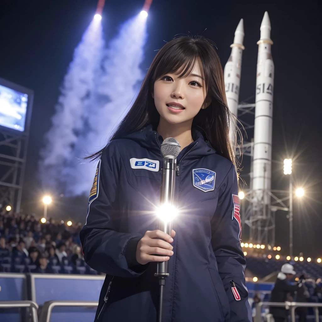 "The content is、A female announcer holds a microphone、This is a scene from the introduction in front of the H2A rocket at the JAXA Tsukuba Space Center.。With expressions that convey passion and excitement about space、Has a stylish and professional appearance。In the background、Add details related to space center facilities and rockets、Create a bright and lively atmosphere。"
