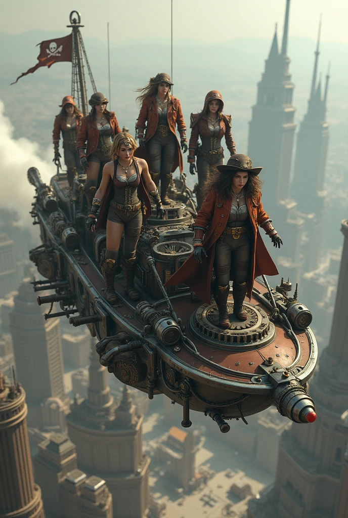 female steampunk robot pirates THAT ARE NOT SEXUALIZED with emphasis on steampunk style clothing (Features of the 1880s, with many layers, corsets, hoodies, Hats, booties, gears, glasses) flying on a steampunk flying metallic pirate ship, sobre uma cidade movida a vapor e gears