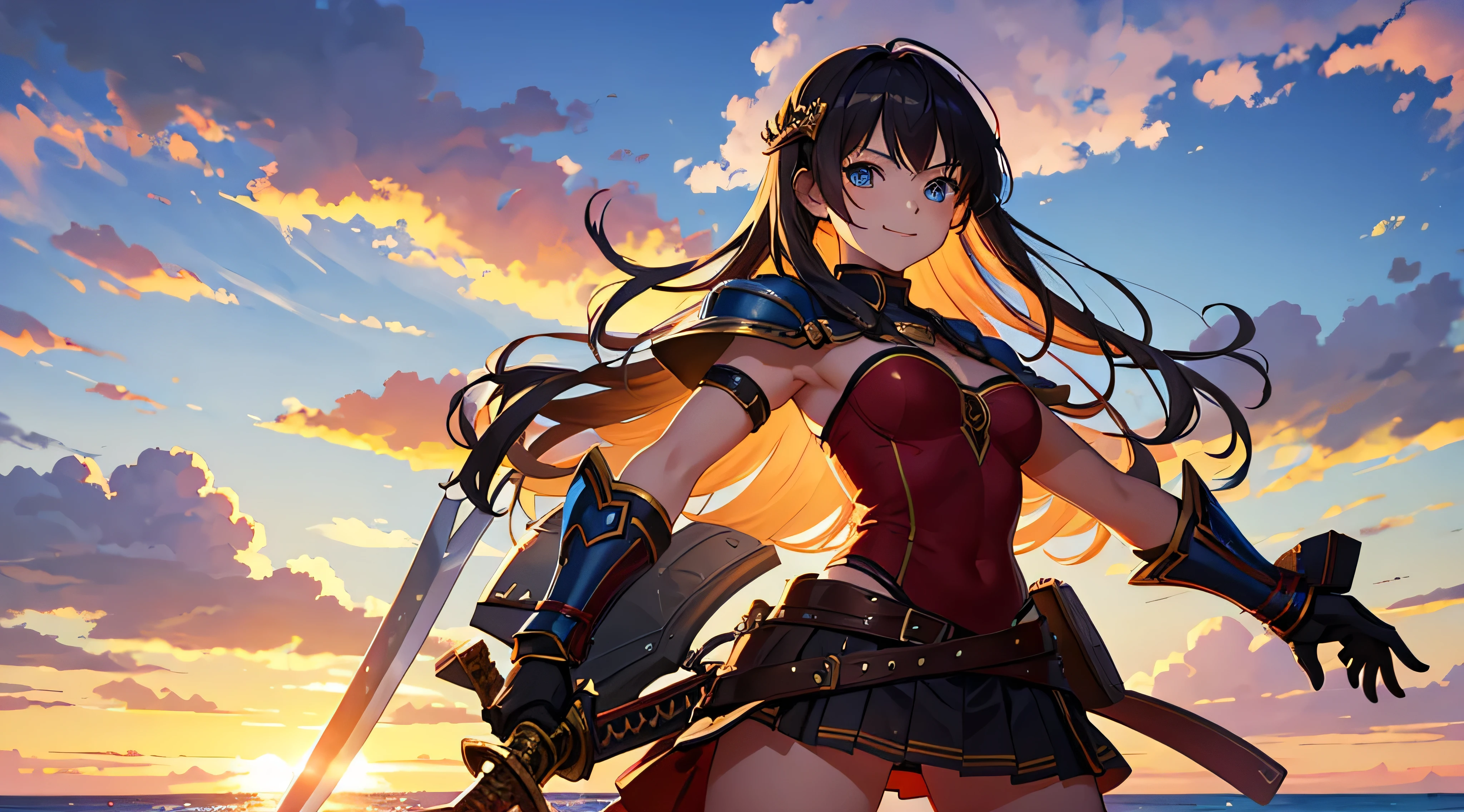 anime, young woman, alone, War Maiden, half up, blue eyes, model, beautiful, Half Body Portrait, fantasy, battlefield , big breasts , armor