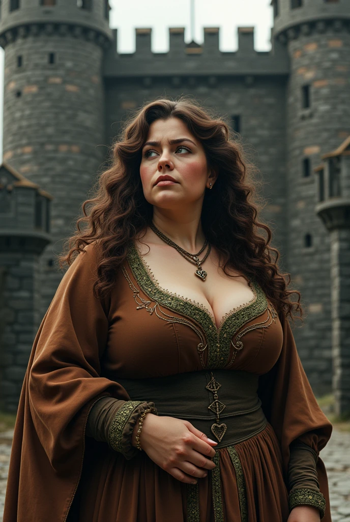 caucasian woman, quite overweight, brown curly hair, greeneyes. medieval style. Brown outfit with green details on a black castle