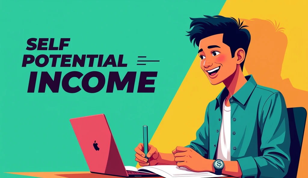 (photorealism modern aesthetic animation
 "Self Potential= Income" with capital letters, thick, and colors that contrast with the background. This makes the main message visible and easy to read..

 Use a picture of a handsome Javanese Muslim youth studying enthusiastically, and money symbol. Make sure the image is relevant to the theme of skills and earnings..

Choose bright, contrasting colors for the background., like green, blue, or orange,

face image, choose an expression that shows confidence or enthusiasm. An optimistic and confident face can attract the attention of the audience..

 Don&#39;t use too many elements in the thumbnail. 

Focus on just one or two main elements, such as text and images. Make sure the text is easy to read even at small sizes..