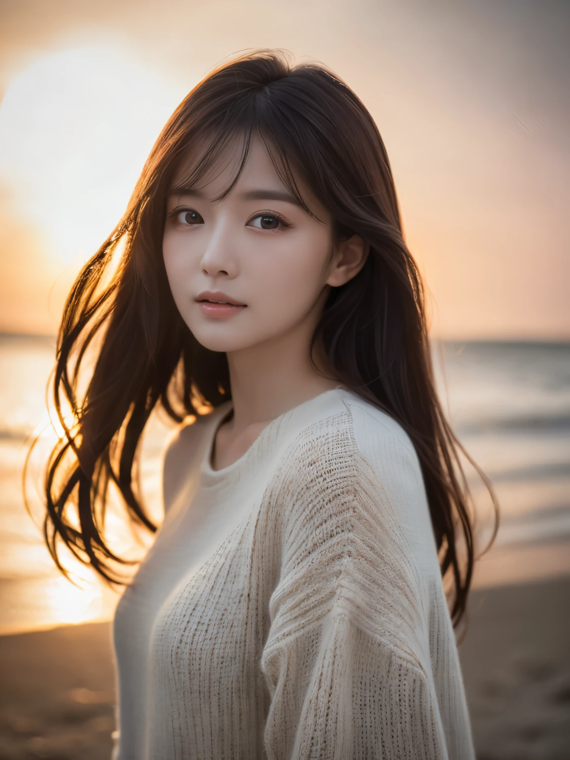 A breeze blows long hair、(knitwear)、(top-quality,masterpiece:1.3, Super high resolution), (ultra-detailliert,Caustics),(Photorealsitic:1.4,RAW shooting,)Ultra-realistic capture, A highly detailed, high-definition 16K for human skin、 Skin texture is natural、The skin looks healthy with an even tone、 Use natural light and color, One Woman, Japanese, kawaii, A dark-haired, Middle hair, (depth of fields、chromatic abberation、Wide range of lighting、Natural Shading)、(Hair swaying in the wind:1.2)、sunset beach