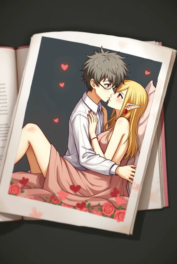 A beautiful necromancer mature girl and a handsome young boy, Black short disshalve hair with Brown eyes and glasses, the boy's skin is not so pale but white, his look is of love for his beloved, romantic couple in love kissing, blonde long-haired girl, big red eyes, elf ear with a red-colored earring not in her left ear, her skin is not so pale but white, her eyes are with hearts, wearing long shirt without pants, in a room setting, masterpiece, best quality, absurdly high resolution