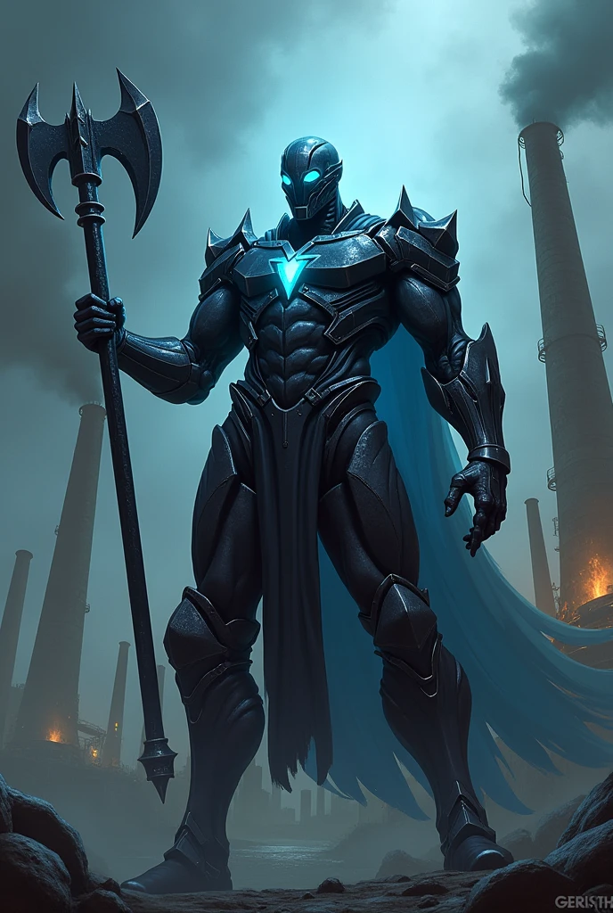 Make an illustration of a villain related to the periodic table using the element Lithium. And add an axe. Do something simple but with details and well-crafted..
