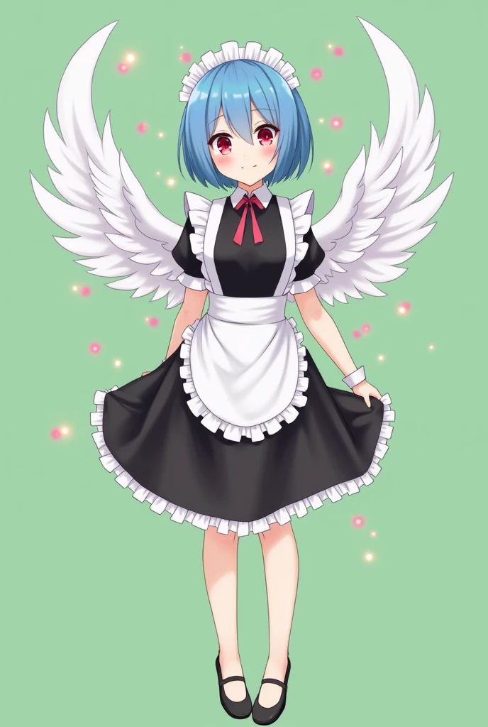 Maid cafe maid with short blue hair, Red eyes, a sensual and happy expression, age range between 18 and 26 years, with angel wings, black uniform without buttons, that the full body is shown, anime style completely in 2D, with pastel colors, with a completely flat and green background