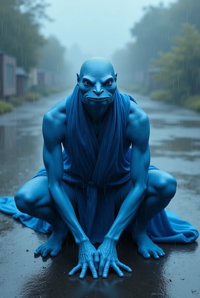 A thin man, Cao Cao, with tight indigo blue clothes, without any seam. indigo blue hands and feet. is crouched, imitating a frog. hands in the center between the legs. is positioned facing the observer. instead of a head he has a small replica of the moon with a diameter equal to a third of the distance between his shoulders. he is in an empty lot and under heavy rain.