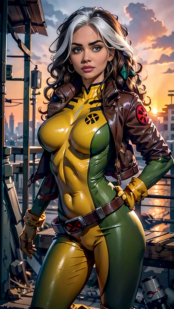 Halle Berry、Wet、Full body portrait、Long Hair、Brown Hair、Green Eyes、lipstick、compensate、lips、Emphasize cleavage、sexy、White stripes in hair、like、Wavy Hair、Disheveled Hair、Curly Hair、middle～Large Breasts、Surface Plot、((Kelli Berglund:Bailee Madison:0.5))、Yellow suit、Jacket、gloves、belt、アマリロのgloves、Green suit、(Bodysuits:1.4)、Multicolored clothing、(Superhero:1.4)、Firm Skin、Multicolored clothing、Garden and wisteria background、Official Art、Highly detailed CG 8k wallpaper、Perfect lighting、Colorful、bright_amount_method_Light、piel bright、(masterpiece:1.0)、(Better Quality:1.0)、Ultra-high resolution、4K、Super detailed、Director of Photography、8k、HDR、High Resolution Lights、 (Disorder:1.2)、Kodak Portrait 400、Film Grain、Blurred Background、(Bokeh:1.2)、Lens flare、(Bright colors:1.2)、Professional photos、(Beautiful way:1.5)、More detail in 8K。Unreal Engine:1.4、Hmm、Better Quality:1.4、Real:1.4、Skin temperature:1.4、masterpiece:1.8、masterpiece、Better Quality、Object Object]、(Detailed facial features:1.3)、(Destroyed city pre-apocalyptic:1.4)、(Apocalyptic Sunset:1.4)