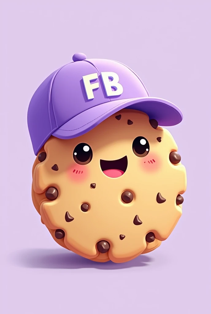 illustration type cookie that is happy, that has chocolate chips, that had a light purple cap and that says FB on the cap and that it is in capital letters and that the background is light purple
