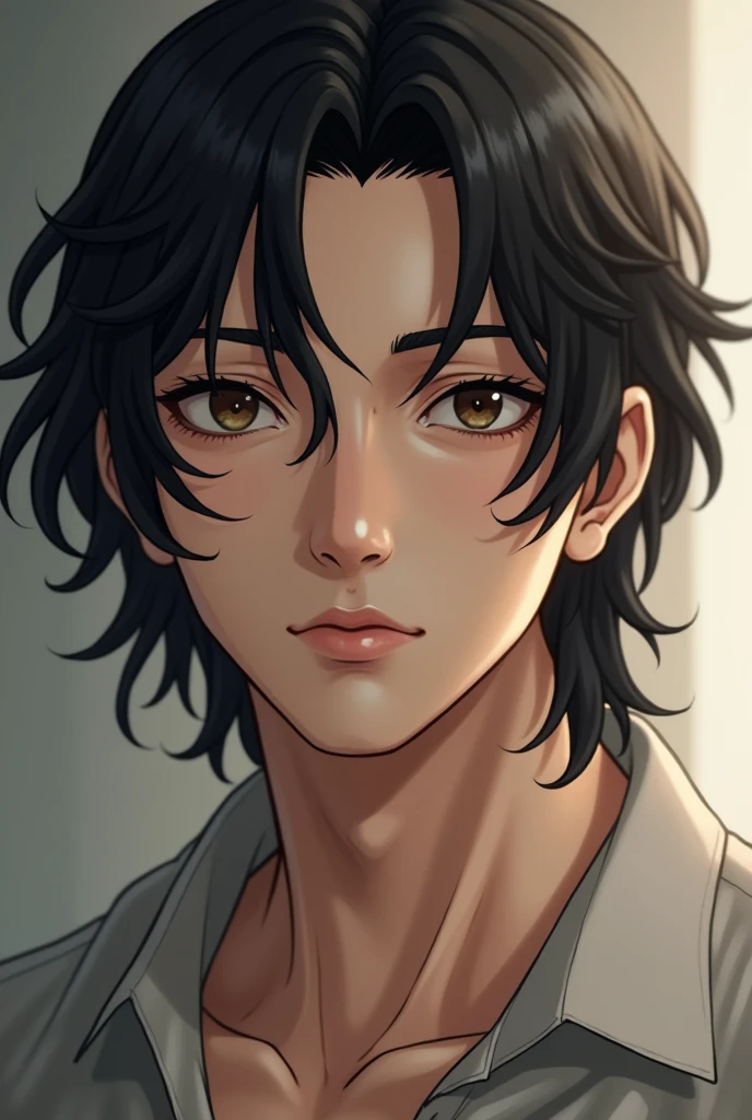 Create an realistic Asian male man boy with fair skin, that looks like Geto Suguru, 180cm tall, slightly muscular but thin body, long, black, wavy, neck-length hair, small and slanted eyes, slightly large nose with a high bridge and thick eyebrows.