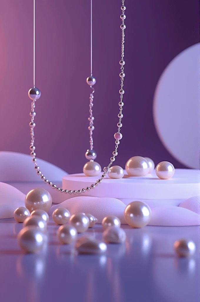 A background with pearls and necklaces, elegant but modern and technological, in violet with soft white