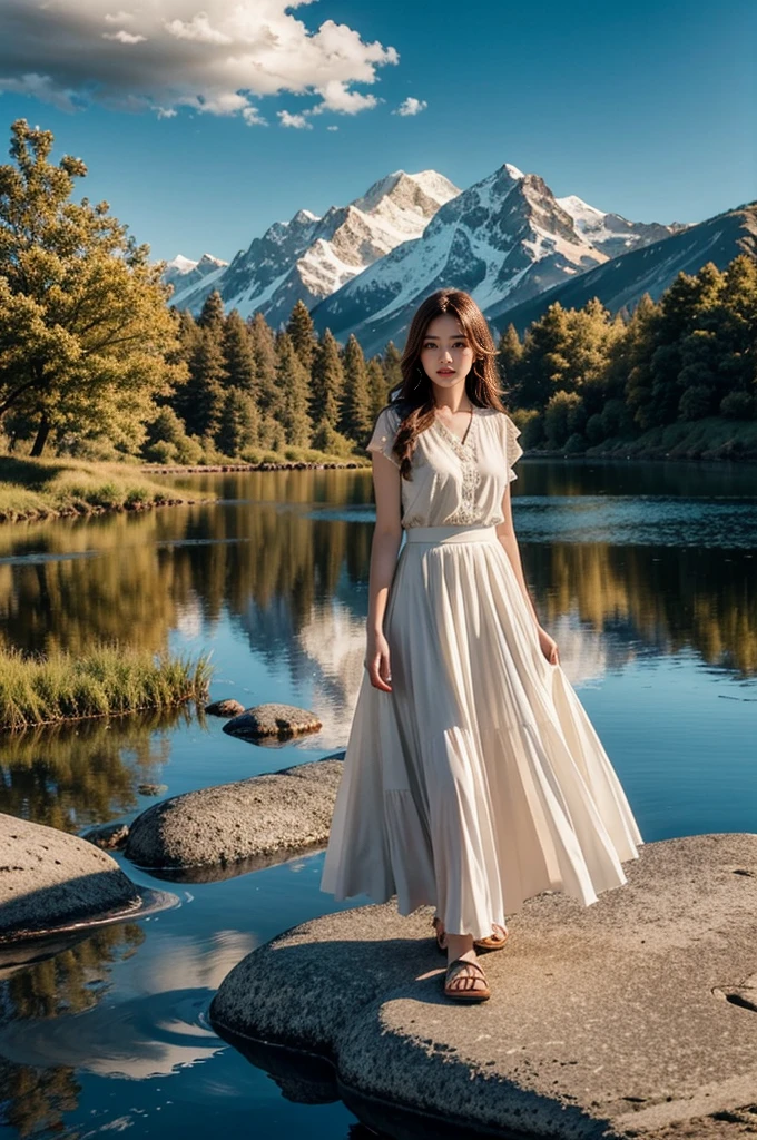 1 girl, happy expression, Charming eyes, straight long hair, flowy skirt, big, I look at the sun, Calm posture, porcelain skin, subtle blush, crystal pendant BREAK golden hour, (edge lighting): 1.2, cool colors, solar flare, soft shadows, Bright colors, Drawing effects, fantastic atmosphere BREAK Picturesque lakes, distant mountains, pine trees, Mountain peaks, reflections, sunny clouds, Calm atmosphere, idyllic sunrise, ultra detailed, official art, Unified Wallpaper 8K, zentangle, mandala