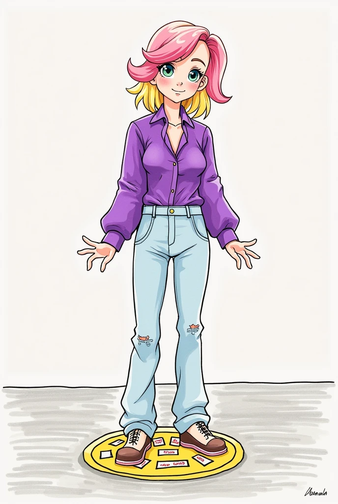 Create an image with a character with pink hair in the back and blonde in the front with a purple blouse and light jeans, this character is a , at the bottom there will be a circle on the floor like the game: don't leave the circle if you want to win the photo will be like a drawing
