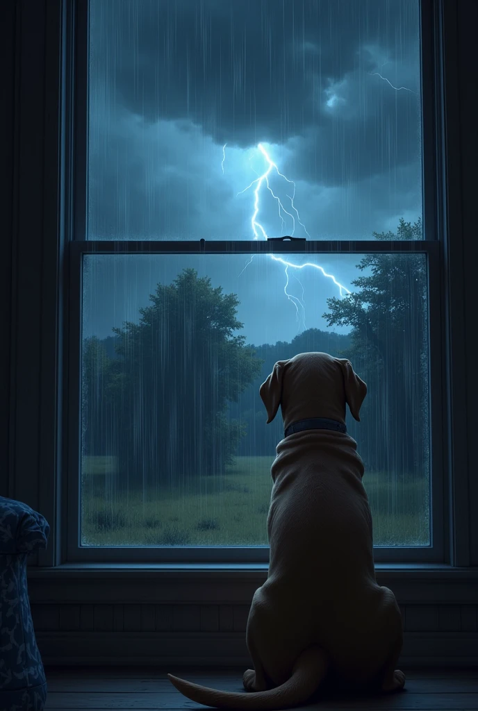 A strong storm is occurring, with the sky darkened by heavy clouds and howling winds shaking the trees. O Labrador Retriever, now inside the house, looks worriedly out the window. your ears are lowered, the tail between the legs, showing his nervousness. Raindrops run down the window, as lightning briefly illuminates the scene outside. The house inside is dark, with just a soft light lighting up the environment, reflecting the dog&#39;s anxiety.