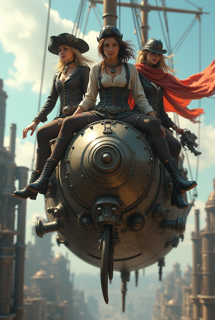 female steampunk robot pirates THAT ARE NOT SEXUALIZED with emphasis on steampunk style clothing (Features of the 1880s, with many layers, corsets, hoodies, Hats, booties, gears, glasses) flying on a steampunk flying metallic pirate ship, sobre uma cidade movida a vapor e gears