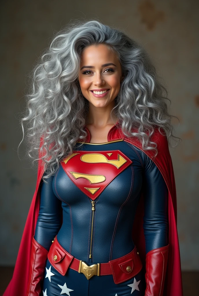 A beautiful youthful looking American version of Ariana Grande as a 50 years old woman with long her completely gray hair in a big curls styles as a retired American inspired superhero wearing her costume suit witch looks like a comic superhero suit again for a photoshoot she is smiling for the camera