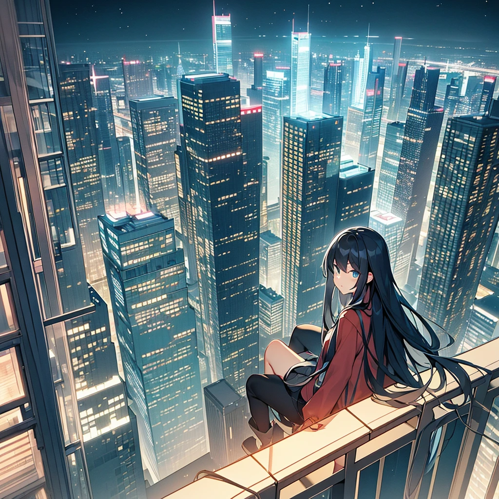 long hair,Sitting on the edge of a 20-story building,at night,