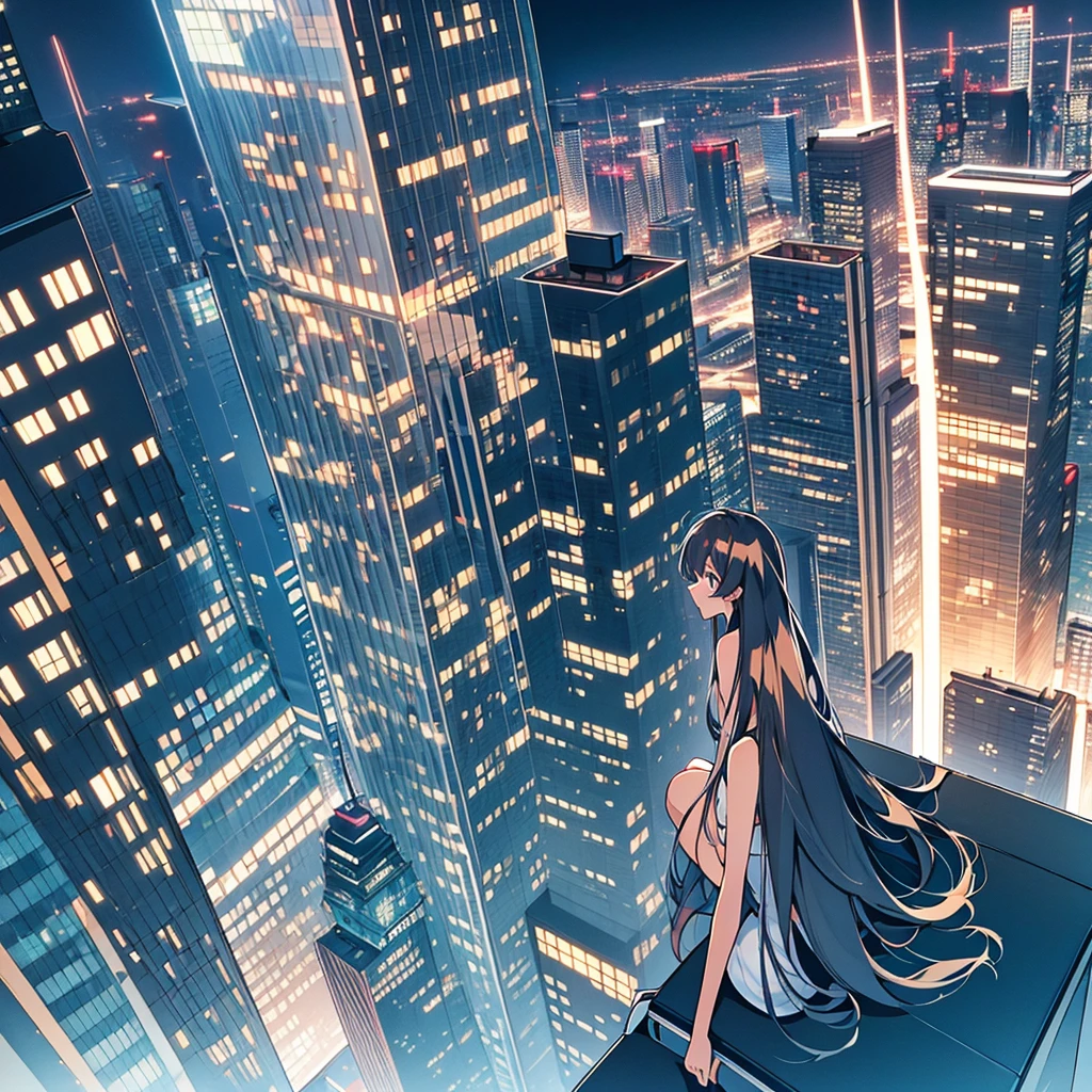 long hair,Sitting on the edge of a 20-story building,at night,